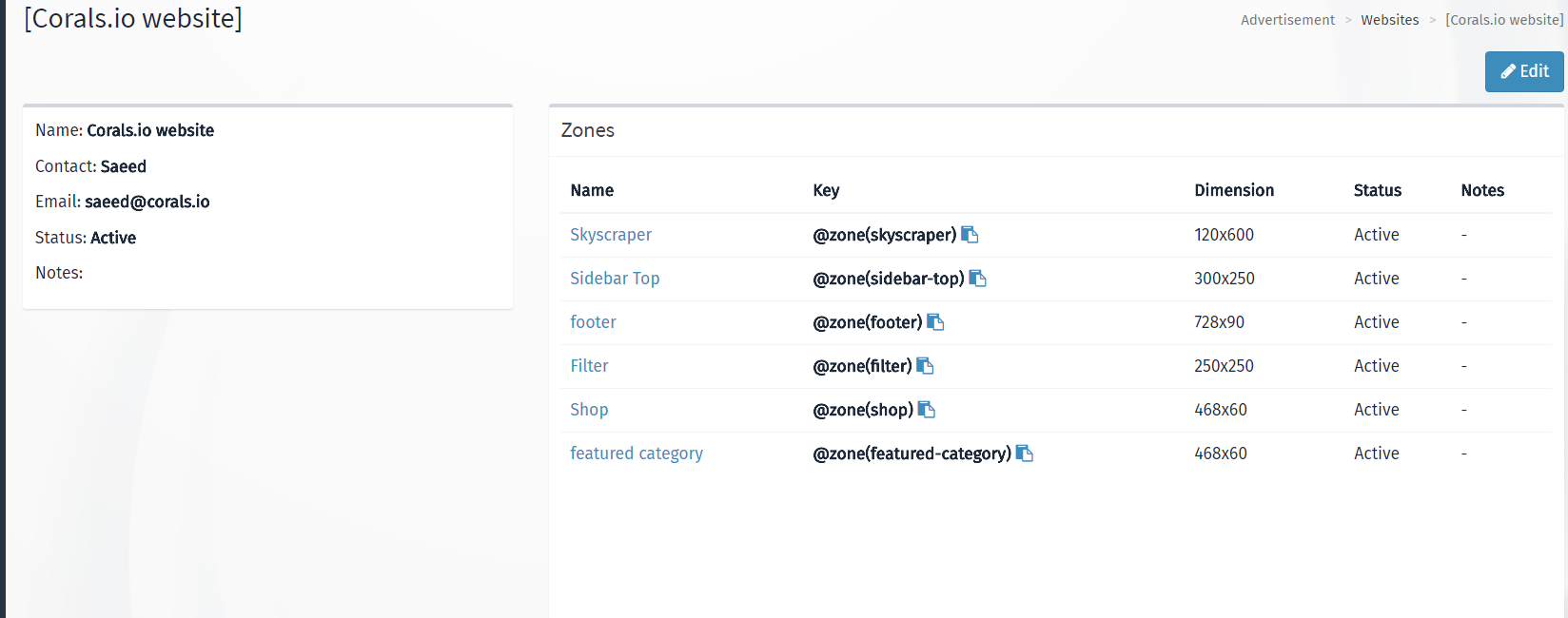 Sites Management at Laravel Ad Manager 